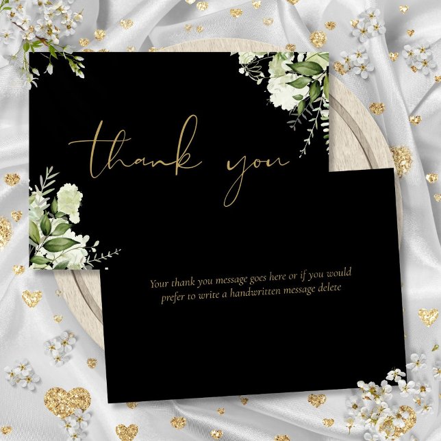 Svart och guld botaniskt grönska elegant script tack kort (Black And Gold Botanical Greenery Elegant Script Thank You Card)