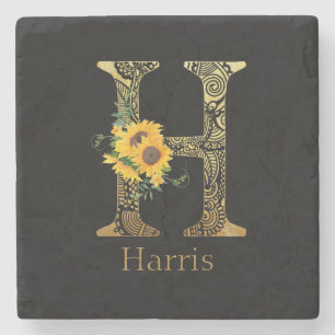 Svart och Guld Brev H Solblommor Stenunderlägg