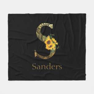 Svart och Guld Brev S-solblommor Fleecefilt