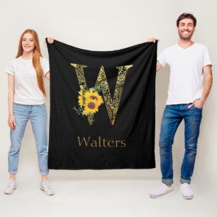 Svart och Guld Brev W Solblommor Fleecefilt