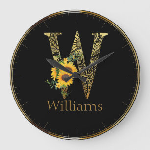 Svart och Guld Brev W Solblommor Round Clock Stor Klocka