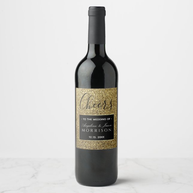 Svart och guld bröllagspresent vinflaska etikett (Framsida)