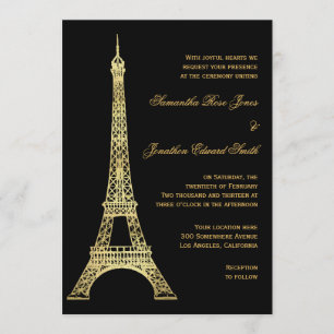 Svart och guld- bröllop för Parisian Eiffel torn Inbjudningar