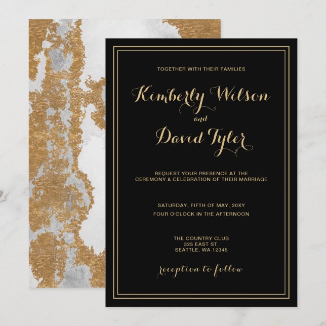 Svart och guld bröllop i marmor inbjudningar (Fram/baksida)