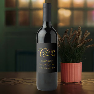 Svart och Guld Calligraphy Cheers Namn Bröllop Vinflaska Etikett