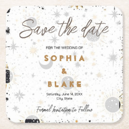 Svart och Guld Celestial Bröllop Save the Date Underlägg Papper Kvadrat