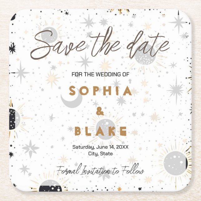Svart och Guld Celestial Bröllop Save the Date Underlägg Papper Kvadrat (Framsidan)