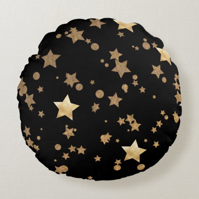 Svart och Guld Celestial Stars och Polka dots Rund Kudde (Framsidan)