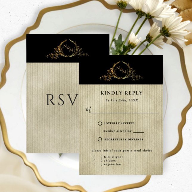 Svart och Guld Champagne Monogram utan måltider OSA Kort (Skapare uppladdad)