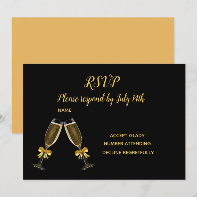 Svart och guld champagneglas för bröllopsanmälan inbjudningar (Fram/baksida)