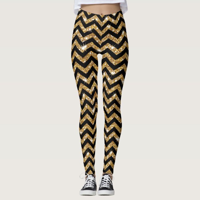 Svart och Guld Chevron Design Leggings (Framsida)