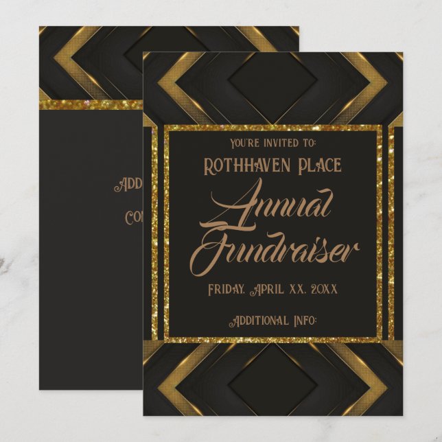 Svart och Guld Chevron-inbjudan Inbjudningar (Fram/baksida)