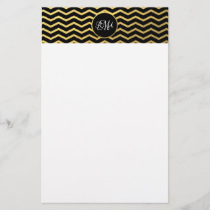 Svart och Guld Chevron Mönster Triple Monogrammed Brevpapper