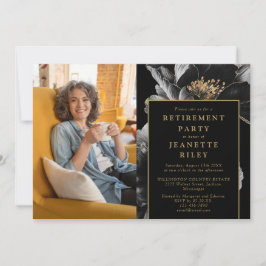 Svart och guld chic blomster tema pensionsfest fot inbjudningar
