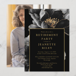 Svart och guld chic blomster tema pensionsfest fot inbjudningar