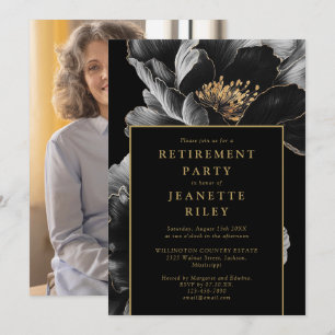 Svart och guld chic blomster tema pensionsfest fot inbjudningar
