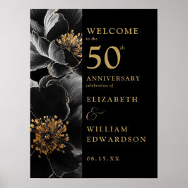 Svart och guld chic blomsterglas 50-årsjubileumssk poster
