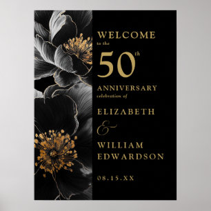 Svart och guld chic blomsterglas 50-årsjubileumssk poster