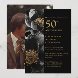 Svart och guld chic blomstermotiv 50-årsjubileumsf inbjudningar
