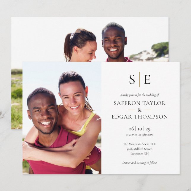 Svart och guld Chic Monogram 2 Foto Bröllop Inbjudningar (Fram/baksida)