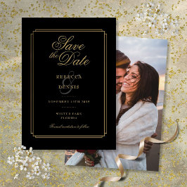 Svart och guld Chic Script Art Deco Foto Bröllop Spara Datumet