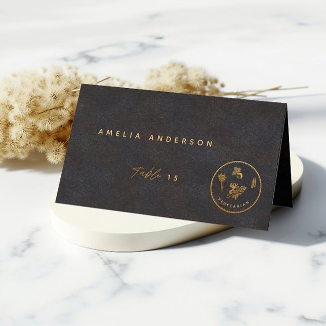 Svart och Guld Chic Vegetariska Bröllopsmatval Placeringskort (Skapare uppladdad)
