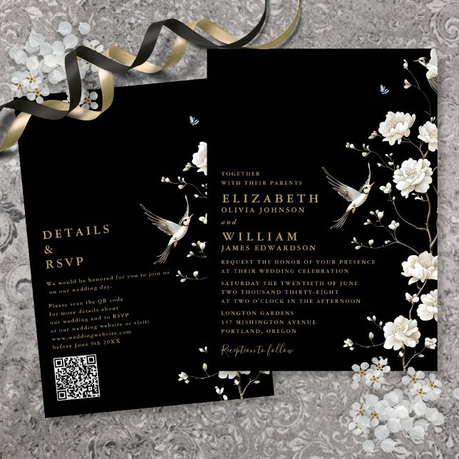 Svart och Guld Chinoiserie Blommigt QR-koden Bröll Inbjudningar (Black And Gold Chinoiserie Floral QR Code Wedding Invitation)