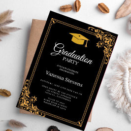 Svart och Guld Classic Studentmössa Party Inbjudningar