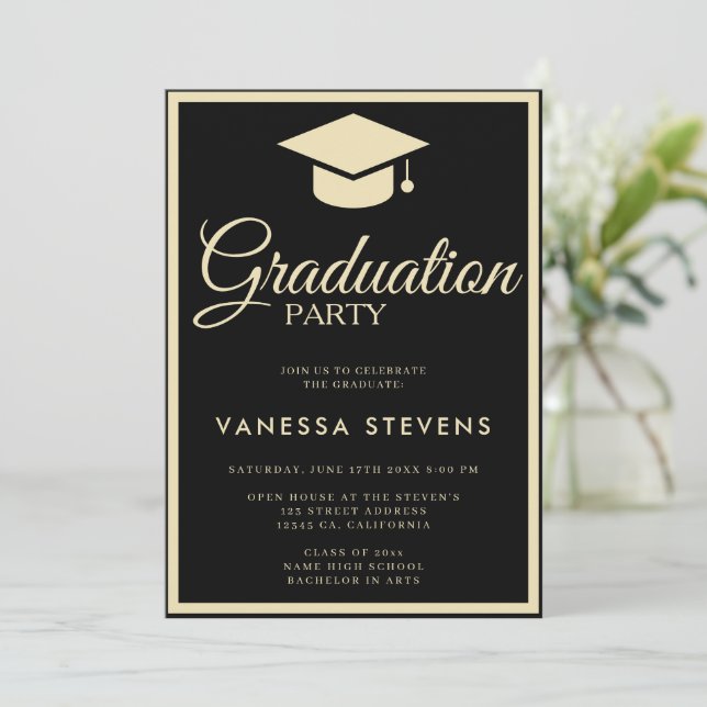 Svart och Guld Classic Studentmössa Party Inbjudningar (Stående Fram)
