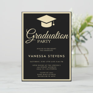 Svart och Guld Classic Studentmössa Party Inbjudningar