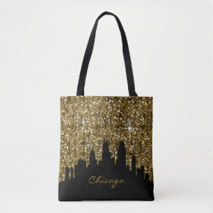 Svart och Guld Confetti Glitter Chicago Skyline Tygkasse