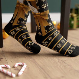 Svart och Guld Coquette Bow Snowflake Rand Socks