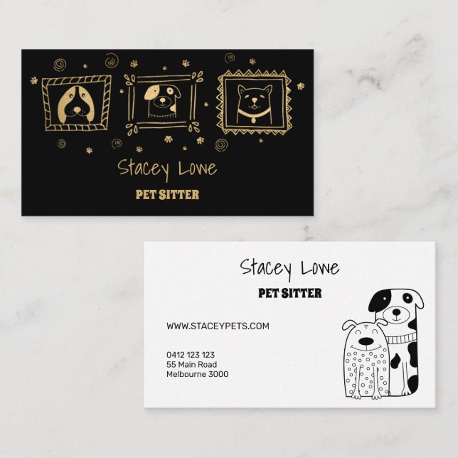 Svart och Guld Cute Hundar Pet Sitter | Dog Walker Visitkort (Fram/baksida)