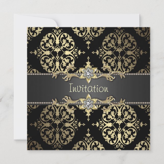 Svart och guld Damask Alla tillfällen Fest Inbjudningar (Framsida)