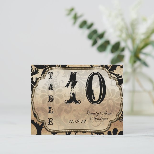 Svart och guld Damask virvlar Bord nummer Vykort (Stående Fram)