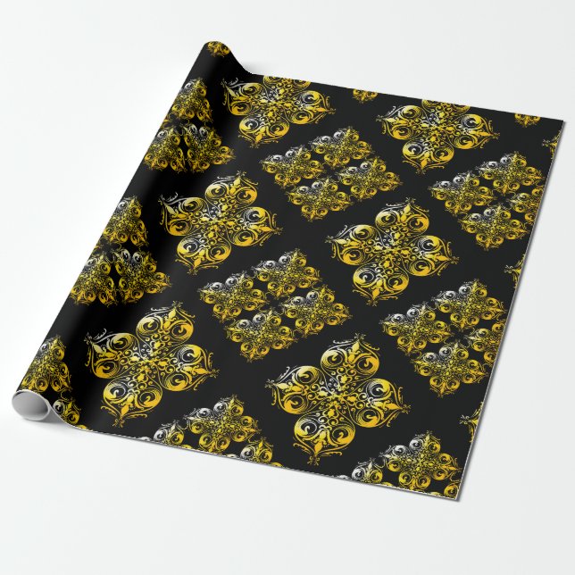 Svart och guld Damaskmönster Presentpapper (Utrullad)