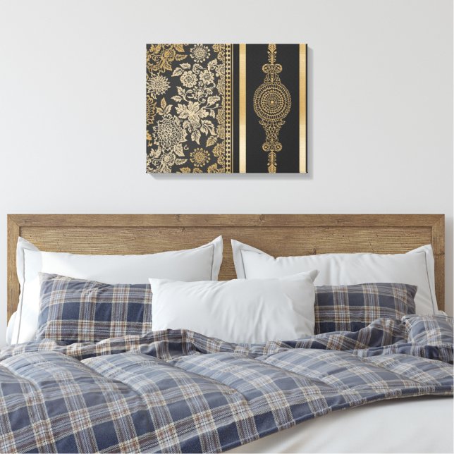 Svart och guld Damaskus Blommig Filigransduk  Canvastryck (Insitu (sovrum))