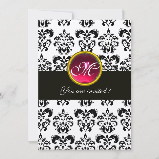 SVART OCH GULD DAMAST-MONOGRAM, röd rubin, fuchsia Inbjudningar (Framsida)
