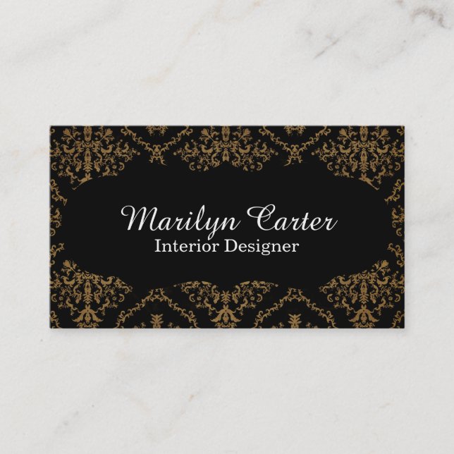 Svart och guld- damastast elegant inre formgivare visitkort (Framsida)