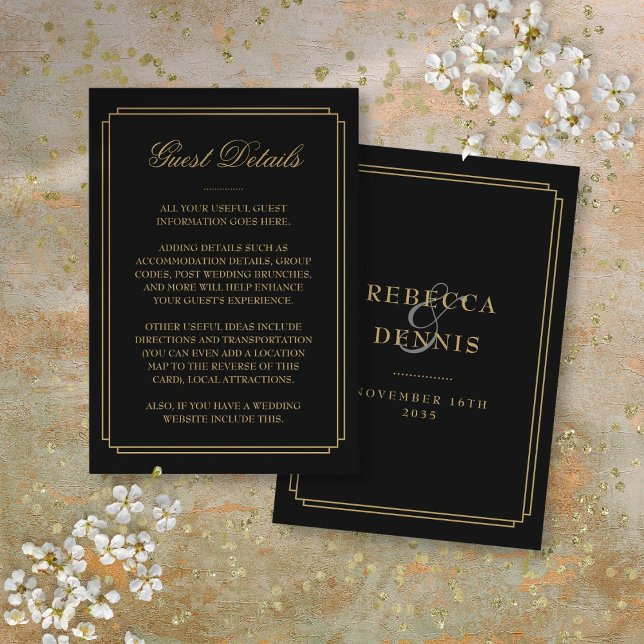 Svart och guld Deco Bröllopsgästinformation Tilläggskort (Black And Gold Deco Wedding Guest Details Enclosure Card)