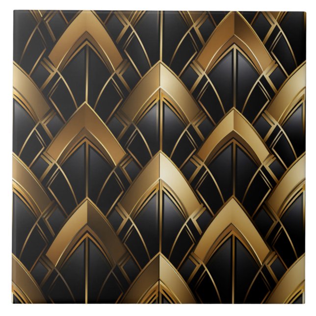 Svart och Guld Deco, Zigzags och Linjer Kakelplatta (Framsidan)