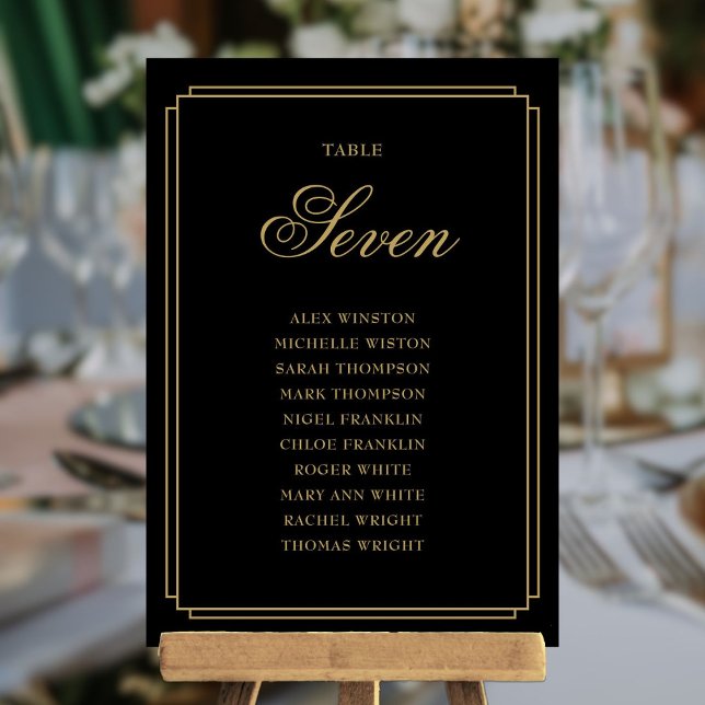 Svart och guld dekoration bord nummer sittplatskar inbjudningar (Black And Gold Deco Table Number Seating Chart)