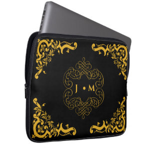 Svart och Guld dekorerar med initialer Laptop Fodral