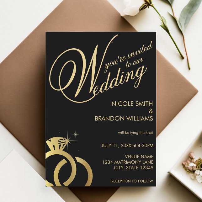 Svart och Guld Diamond Ring Bröllop Inbjudningar (Black & Gold Diamond Ring Wedding Invitation)