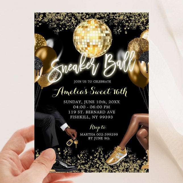 Svart och Guld Disco Sneaker Boll födelsedag Inbjudningar (Skapare uppladdad)