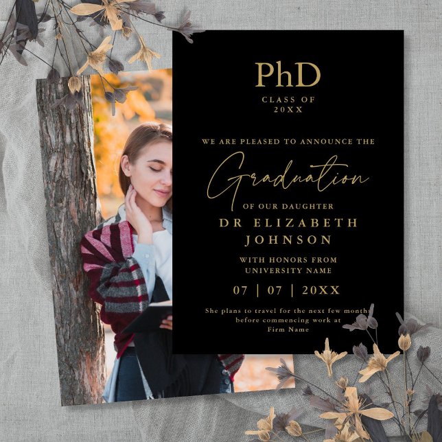 Svart och guld doktorsexamen Foto inbjudan (Black And Gold PhD Degree Photo Announcement)