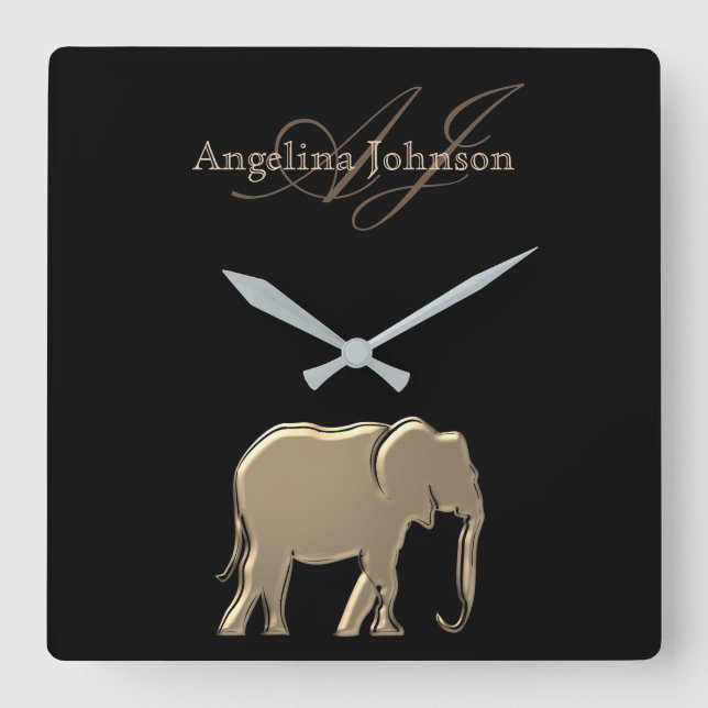 Svart och guld elefantmonogram fyrkantig klocka (Framsida)