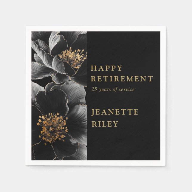 Svart Och Guld Elegant Blommig Lycka På Pensionen Pappersservett (Framsidan)
