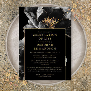Svart och guld Elegant blomsterfirande av livet Inbjudningar