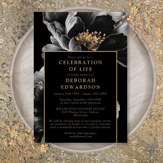 Svart och guld Elegant blomsterfirande av livet Inbjudningar (Black And Gold Elegant Floral Celebration Of Life Invitation)